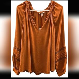 Knox Rose Womens Gauzy Lace Burnt Orange/Brown Blouse Long-Sleeve Size XXL NWT